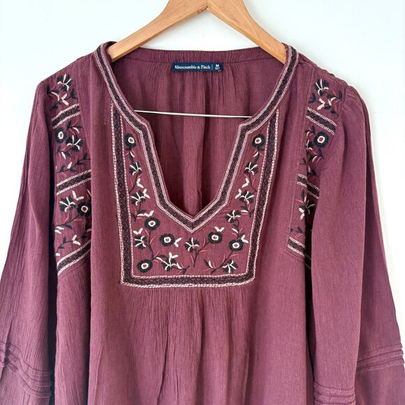 Abercrombie & Fitch Long Sleeve Embroidered Boho Peasant Top Sz M Fall Burgundy - Picture 2 of 7